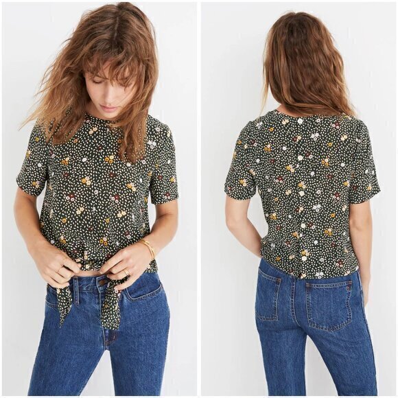 Madewell Tops - Madewell 100% Silk Button-Back Tie Tee in Dropleaf Floral in Forest Green Size S